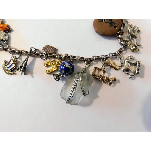 Vintage World Travel Charm Necklace 51 Unique Charms Sterling Silver Mixed Metal - Picture 7 of 15